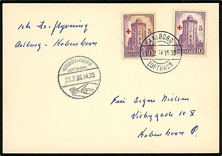 10+5 øre Røde Kors (2) på filatelistisk is-luftpost brevkort annulleret med brotype IId Aalborg Lufthavn d. 21.2.1956 til København.