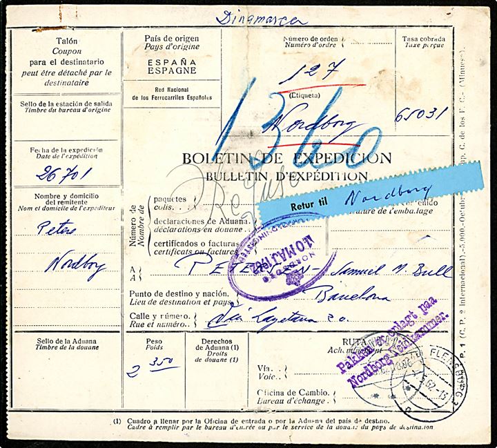 30 øre (2) og 1 kr. (13) Portomærke annulleret Nordborg d. 9.5.1962 som returporto på bagsiden af spansk adressekort for returpakke fra Barcelona via Flensburg til Nordborg på Als.