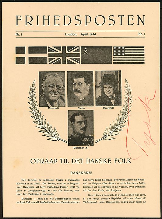 Frihedsposten Nr. 1 april 1944. Falsk flyveblad nedkastet af tyske flyvemaskiner over København d. 27.4.1944. 