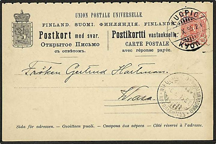 10 pen svardel af dobbelt helsagsbrevkort fra Kuopio d. 4.10.1895 til Wasa.