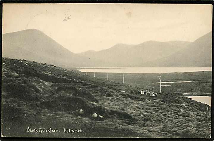 Island, Ólafsgjördur. No. 24849. Frankeret med 5 aur To Konger og sendt fra Akureyri i Juni 1915 til København, Danmark.