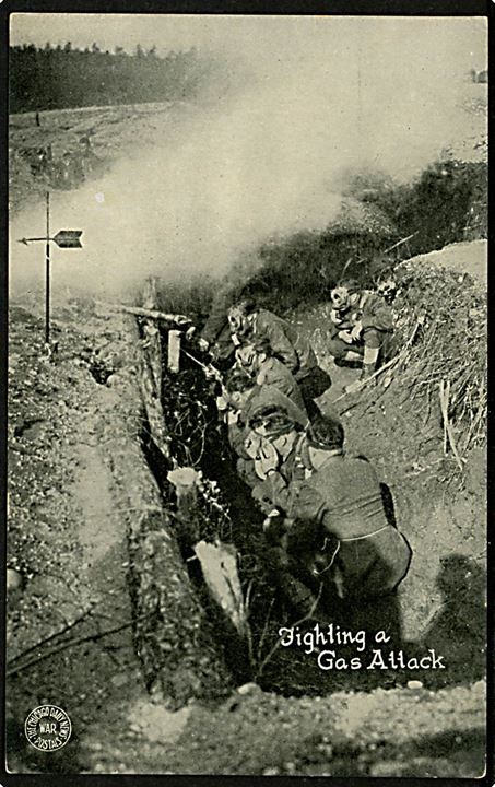 1. Verdenskrig. Amerikanske tropper under gasangreb. The Chicago Daily News War Postals.