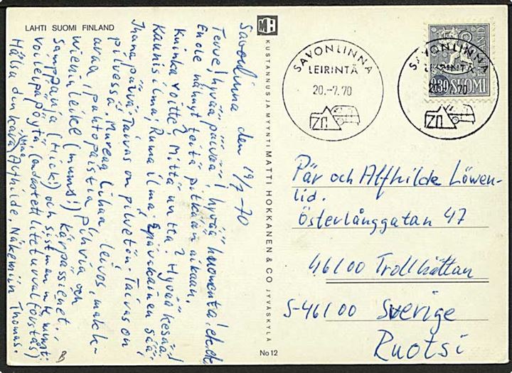 0,30 mk. Løve på brevkort annulleret med særligt camping stempel Savonlinna Leirintä d. 20.7.1970 til Trollhättan, Sverige.