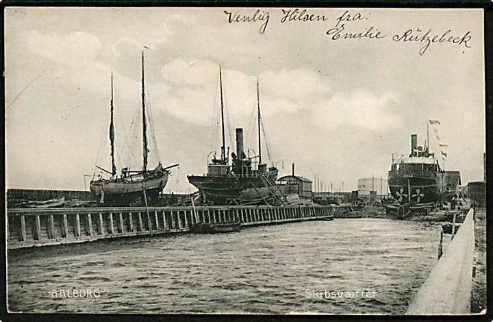 Aalborg skibsværft med dampskibet Hals. C. E. Dyhr no. 3105. Frankeret med 5 øre Våben med perfin W.S. (Wilhelm Staun) stemplet Kjøbenhavn d. 19.8.1905.