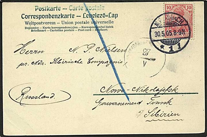 10 pfg. Germania på brevkort fra M.Gladbach d. 30.5.1905 til dansker ved Sibirisk Kompagni i Novo-Nikolajewsk, Gouv. Tomsk i Sibirien.