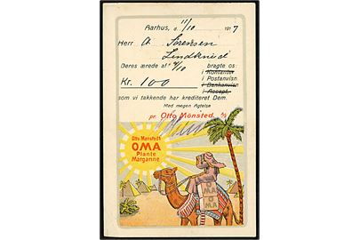Otto Mønsted's OMA Plante Margarine. 4 øre Bølgelinie med perfin på tryksagskort med reklame fra Aarhus d. 11.10.1907 til Brørup.