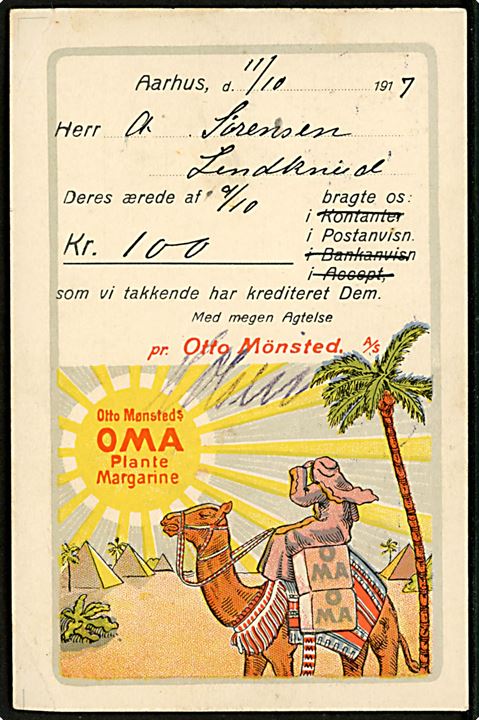 Otto Mønsted's OMA Plante Margarine. 4 øre Bølgelinie med perfin på tryksagskort med reklame fra Aarhus d. 11.10.1907 til Brørup.