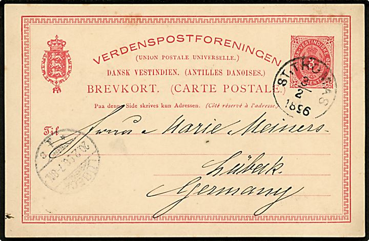 3 cents helsagsbrevkort fra St. Thomas d. 3.2.1896 til Lübeck, Tyskland.