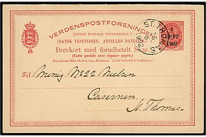 1 cent 1902/3 cents provisorisk spørgedel af dobbelt helsagsbrevkort sendt lokalt i St. Thomas d. 16.6.1902 til gendarm no. 22 Nielsen på Kasernen i St. Thomas.