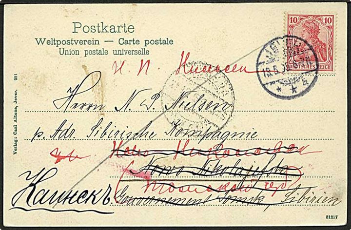 10 pfg. Germania på brevkort fra Jever d. 19.5.1905 til dansker ved Sibirisk Kompagni i Nowo Nikolaewsk, Gouv. Tomsk, Sibirien - eftersendt til Kainsk.