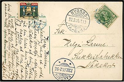 5 øre Chr. IX og Julemærke 1905 på brevkort annulleret med svagt stjernestempel i BLÅ farve ELLESTED og sidestemplet bureau Nyborg - Faaborg T.19 d. 22.12.1905 til Nakskov.
