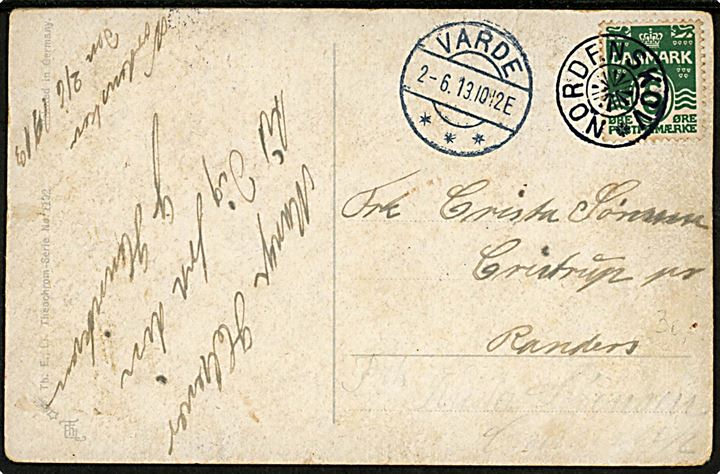 5 øre Bølgelinie på brevkort annulleret med stjernestempel NORDENSKOV og sidestemplet Varde d. 2.6.1913 til Randers.