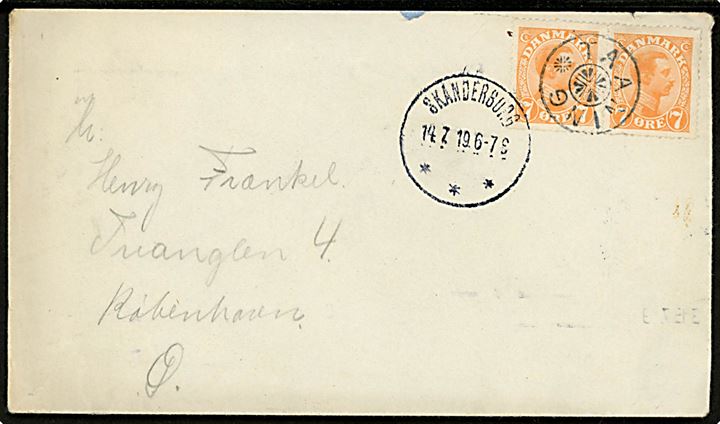 7 øre Chr. X i parstykke på brev annulleret med stjernestempel TAANING og Skanderborg d. 14.7.1919 til København.