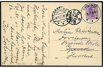 15 øre Chr. X på brevkort (Holsteinsminde skole) annulleret med brotype IIIa Hyllinge d. 7.11.1922 til Gjedved pr. Horsens - eftersendt med stjernestempel GJEDVED og sidestemplet Horsens d. 8.11.1922.