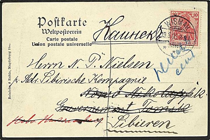 10 pfg. Germania på brevkort fra Wismer d. 19.5.1905 til dansker ved Sibirisk Kompagni i Nowo Nikolaewsk, Gouv. Tomsk, Sibirien - eftersendt.
