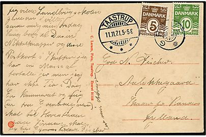 5 øre og 10 øre Bølgelinie på brevkort (Tune Landbrugsskole) annulleret med stjernestempel GREVE og sidestemplet Taastrup d. 11.11.1921 til Randers.