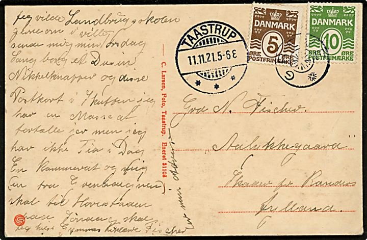 5 øre og 10 øre Bølgelinie på brevkort (Tune Landbrugsskole) annulleret med stjernestempel GREVE og sidestemplet Taastrup d. 11.11.1921 til Randers.