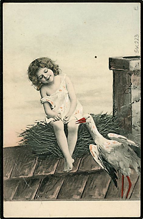 10 øre Chr. IX på brevkort (Lille pige og stork) annulleret med stjernestempel DALBY og sidestemplet bureau Odense - Dalby T.5 d. 19.11.1906 til Skaarup St.