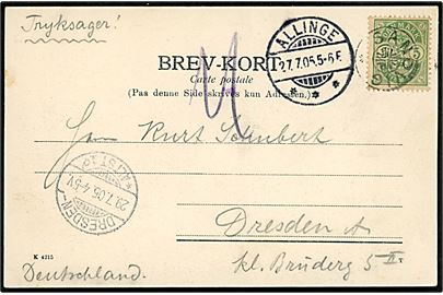 5 øre Våben på brevkort (Løvehovederne) sendt som tryksag annulleret med stjernestempel SANDVIG og sidestemplet Allinge d. 27.7.1905 til Dresden, Tyskland.