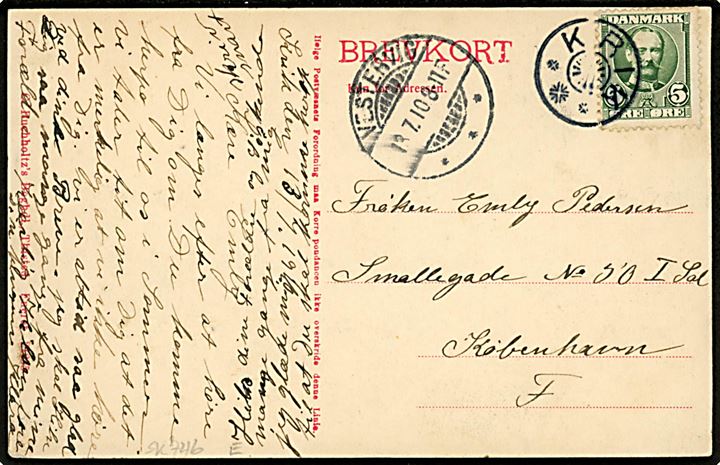 5 øre Fr. VIII på brevkort (gadeparti) annulleret med stjernestempel KRIK og sidestemplet Vestervig d. 13.7.1910 til København.