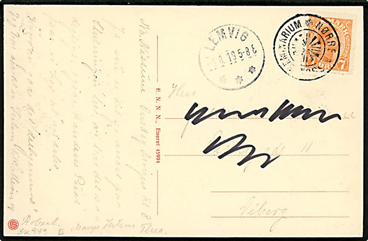 7 øre Chr. X på brevkort (Nørre Nissum, højskole, Seminarium og gadeparti) annulleret med Nørre Nissum Seminarium og sidestemplet Lemvig d. 6.8.1919 til Viborg.