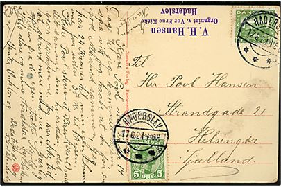 5 øre Chr. X og 10 øre Genforening på på brevkort (Kolding Sygehus) annulleret med brotype IIb Haderslev **sn3 d. 17.8.1921 til Helsingør.