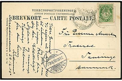 5 øre Posthorn på brevkort (To kvinder i sne) annulleret med skibsstempel Bureau de Mer de Norvege D Kristiansand - Frederikshavn d. 30.12.1905 til Troense, Danmark.
