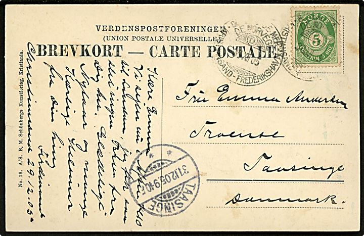 5 øre Posthorn på brevkort (To kvinder i sne) annulleret med skibsstempel Bureau de Mer de Norvege D Kristiansand - Frederikshavn d. 30.12.1905 til Troense, Danmark.