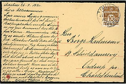 10 øre Bølgelinie på brevkort (Aarhus, Frederiksgade) annulleret med fejlgraveret bureaustempel FREDERICIA - AALBOBG T.979 d. 26.9.1930 til Charlottenlund.