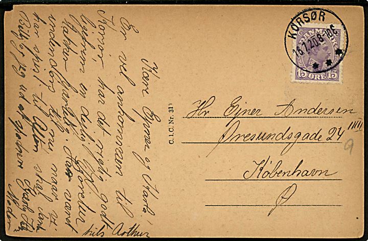 15 øre Chr. X på brevkort annulleret med brotype IIIb Korsør *** d. 16.7.1920 til København.