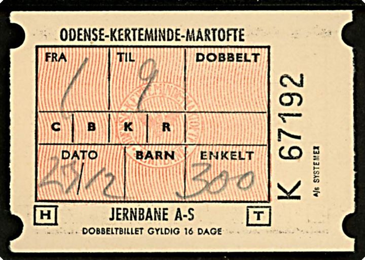 Odense - Kerteminde - Martofte Jernbane enkelt billet d. 23.12.19??. 