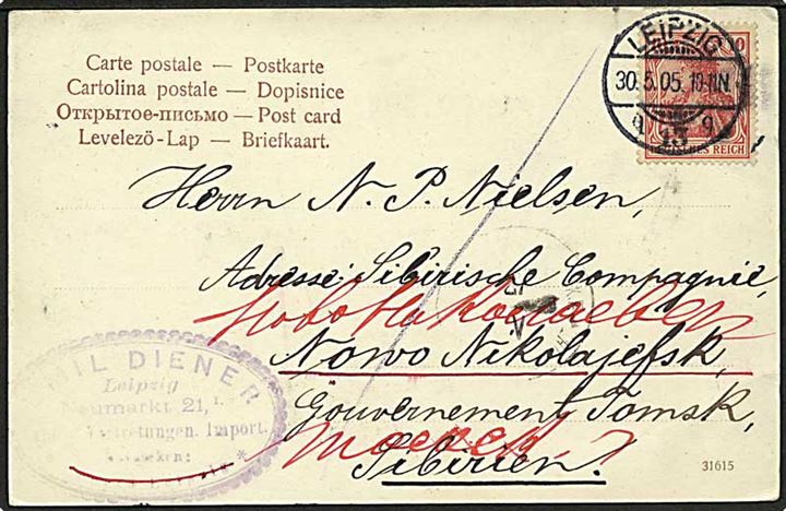 10 pfg. Germania på brevkort fra Leipzig 30.5.1905 til dansker ved Sibirisk Kompagni i Nowo Nikolajewsk, Gouv. Tomsk, Sibirien