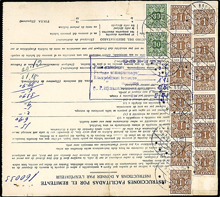 30 øre (2) og 1 kr. (13) Portomærke annulleret Nordborg d. 9.5.1962 som returporto på bagsiden af spansk adressekort for returpakke fra Barcelona via Flensburg til Nordborg på Als.