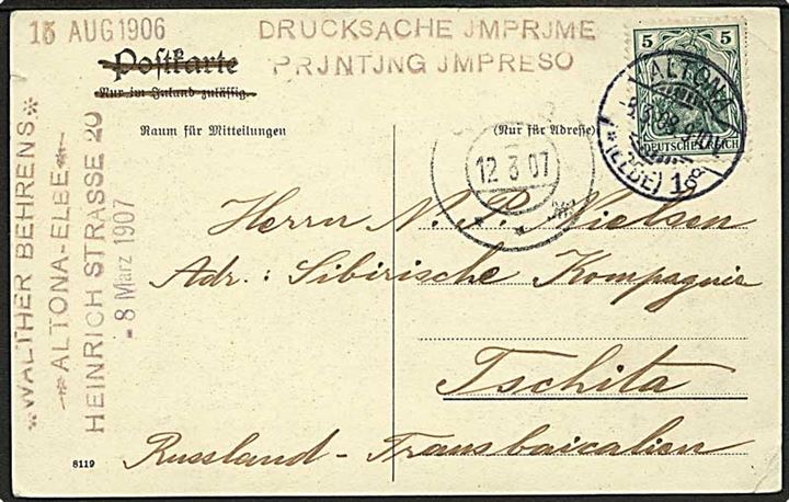 5 pfg. Germania på brevkort sendt som tryksag fra Altona d. 8.3.1908 til dansker ved Sibirisk Kompagni i Tschita, Transbaikal, Sibirien.