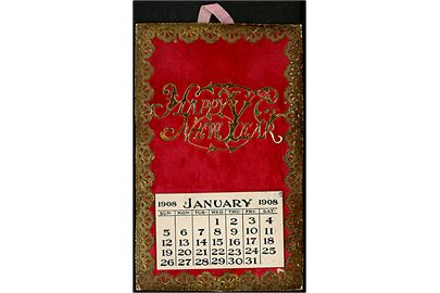 Nytårs kort fra 1907 med komplet kalender for 1909. Prægekort med fløjls baggrund. Happy New Year er lavet af forgyldt metal. 