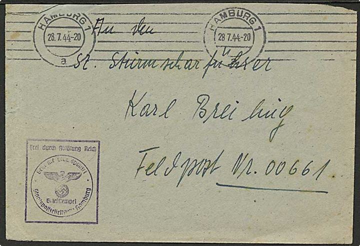 Ufrankeret indgående feltpostbrev fra Hamburg d. 28.7.1944 til SS-Sturmscharführer Karl Breiling ved feldpost-nr. 00661 = Befehlshaber der Sicherungspolizei und SO in Dänemark. Fra Geheime Staatspolizei (GESTAPO) i Hamburg.