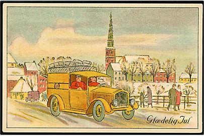 Købh., Postbil med Vor Frelsers kirke i baggrunden. Ukendt tegner. A. Vincent serie no. 944.