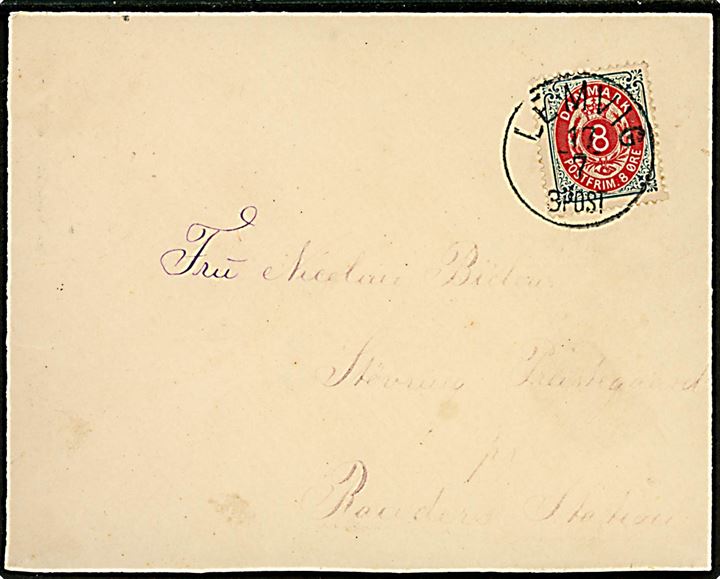 8 øre Tofarvet på brev annulleret med lapidar Lemvig d. 17.7.189x til Randers.