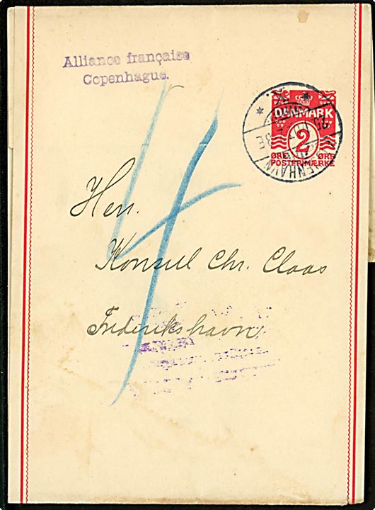 2 øre helsagskorsbånd sendt underfrankeret som landsporto tryksag fra Alliance Francaise i Kjøbenhavn d. 25.1.1907 til Frederikshavn. Udtakseret i 4 øre porto.