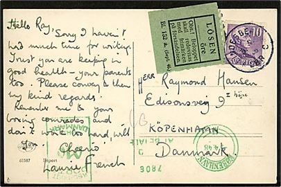 10 öre Gustaf på underfrankeret brevkort fra Lindesberg d. 5.4.1948 til København, Danmark. Svensk grøn Lösen etiket og dansk 10 øre grønt portomaskinstempel fra København V. d. 5.4.1948.