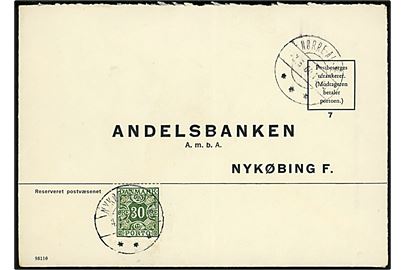 Ufrankeret svarkuvert fra Nørre-Alslev d. 3.5.1960 til Nykøbing F. Udtakseret i enkeltporto med 30 øre Portomærke stemplet Nykøbing Fl. d. 4.5.1960.