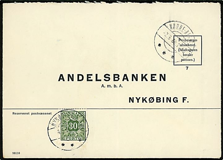 Ufrankeret svarkuvert fra Nørre-Alslev d. 3.5.1960 til Nykøbing F. Udtakseret i enkeltporto med 30 øre Portomærke stemplet Nykøbing Fl. d. 4.5.1960.