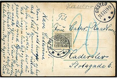 Ufrankeret brevkort med brotype IIIc Ørsted d. 16.9.1931 til Haderslev. Udtakseret i porto med 20 øre Portomærke stemplet annulleret med brotype IId Haderslev sn3 d. 17.9.1931.