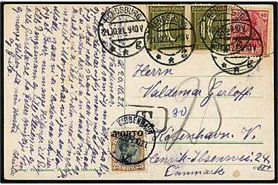 10 pfg. Ciffer (2) og 40 pfg. Germania på underfrankeret brevkort fra Rendsburg d. 21.10.1921 til København, Danmark. Udtakseret i porto med 25 øre Chr. X PORTO provisorium stemplet Kjøbenhavn d. 22.10.1921.