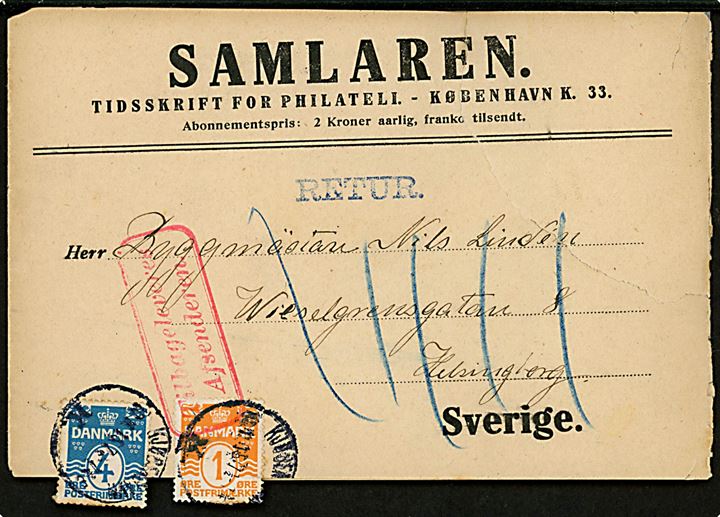 1 øre og 4 øre Bølgelinie på korsbånd sendt som tryksag fra Kjøbenhavn d. 10.11.1915 til Helsingborg, Sverige. Retur med 2-sproget returetiket: Déménagé / Flyttat. Lukket rift.
