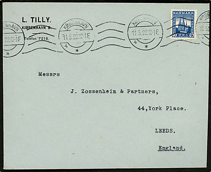 40 øre Genforening single på brev fra København d. 11.5.1922 til Leeds, England.