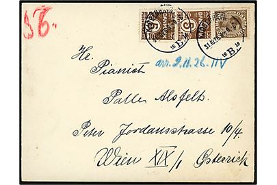 20 øre Chr. X og 5 øre Bølgelinie sammentryk med tydelig automatafskæring, samt 5 øre Bølgelinie, på 20 øre frankeret brev fra Kjøbenhavn B. d. 31.10.1926 til Wien, Østrig.