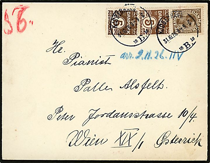 20 øre Chr. X og 5 øre Bølgelinie sammentryk med tydelig automatafskæring, samt 5 øre Bølgelinie, på 20 øre frankeret brev fra Kjøbenhavn B. d. 31.10.1926 til Wien, Østrig.