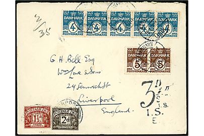 4 øre (5) og 5 øre (par) Bølgelinie på underfrankeret 2. vægtkl. brev fra København d. 10.1.1926 til Liverpool, England. Udtakseret i porto med portostempel, samt 1½d og 2d Portomærke stemplet Liverpool d. 12.1.1926.