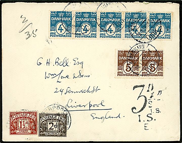 4 øre (5) og 5 øre (par) Bølgelinie på underfrankeret 2. vægtkl. brev fra København d. 10.1.1926 til Liverpool, England. Udtakseret i porto med portostempel, samt 1½d og 2d Portomærke stemplet Liverpool d. 12.1.1926.